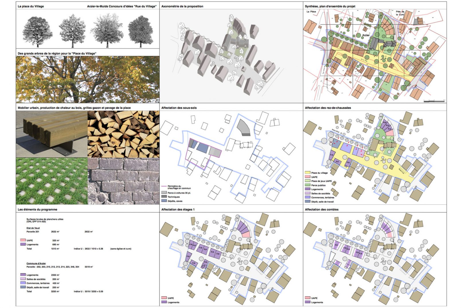 Planche de rendu du deuxième prix du concours d'urbanisme à Arzier Le Muids un village dans le canton de Vaud en Suisse, lauréat deuxième prix Atelier Siebold Genève