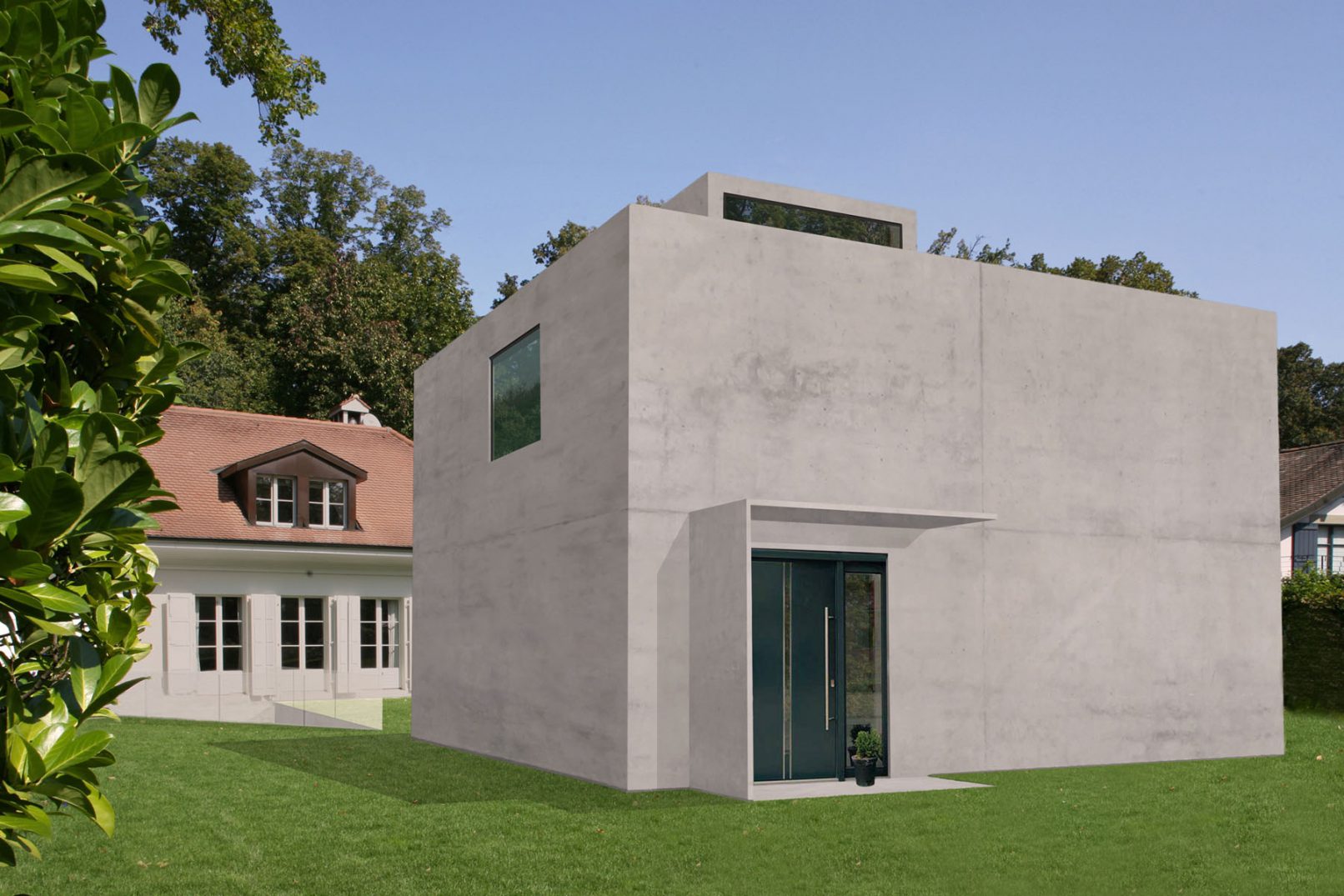 Vue arrière de deux villas dont une contemporaine à Genève avec une galerie d'art moderne qui les relient ensemble