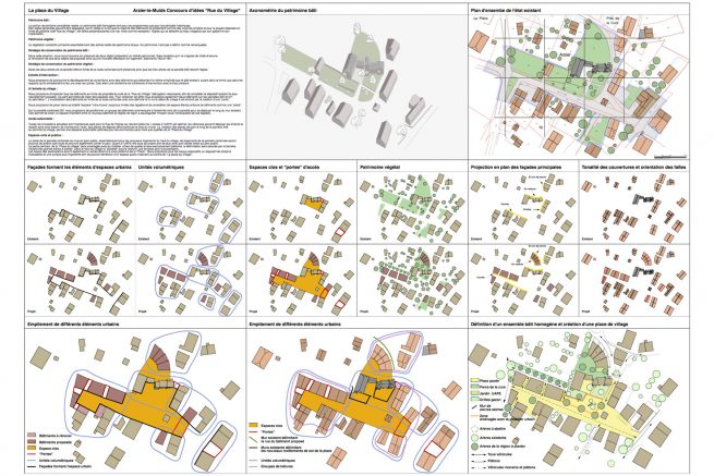 Planche explicative du deuxième prix du concours d'urbanisme à Arzier Le Muids un village dans le canton de Vaud en Suisse, lauréat deuxième prix Atelier Siebold Genève