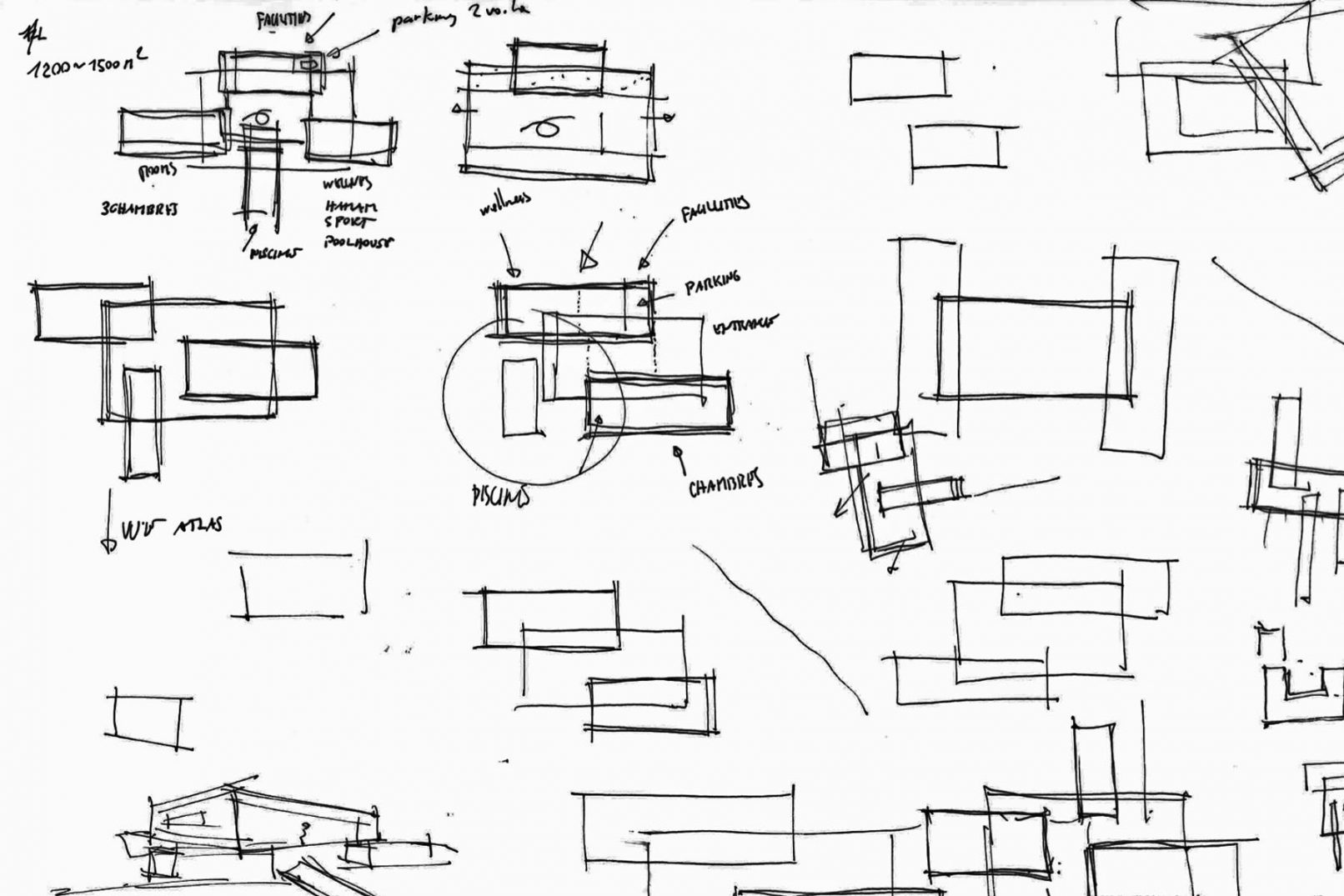 Esquisse et dessins de plan pour une nouvelle construction de villa à Marrakech au Maroc depuis le cabinet d'architecte Siebold à Geneve
