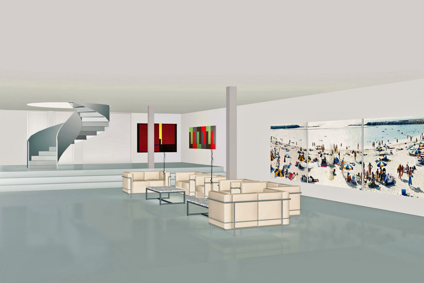 Vue intérieure d'une galerie d'art moderne reliant une maison existante et une villa contemporaine, tableau LC2 corbusier