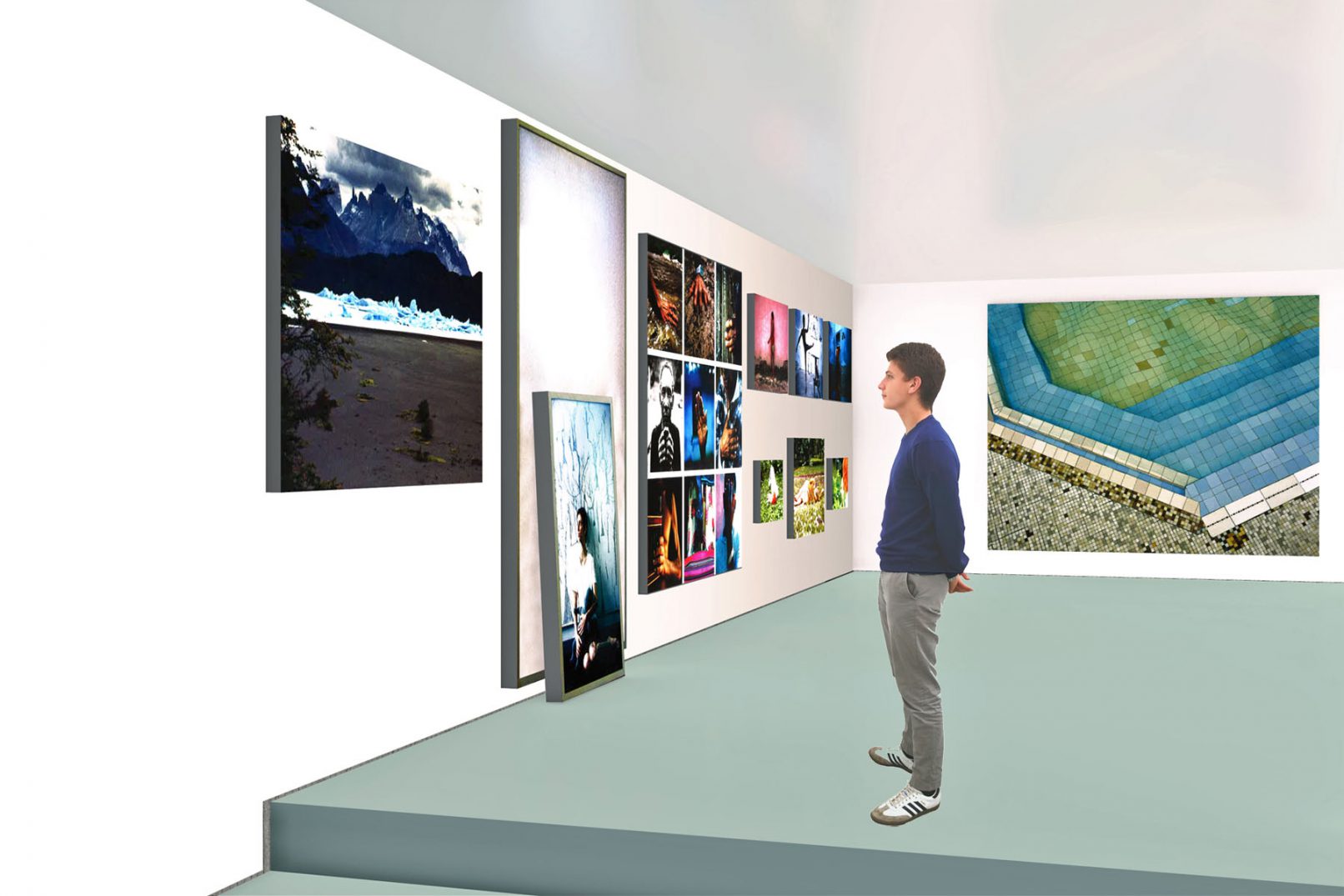 Tableaux image de synthèse 3D villa et galerie privée d'art moderne, un personnage regarde un tableau