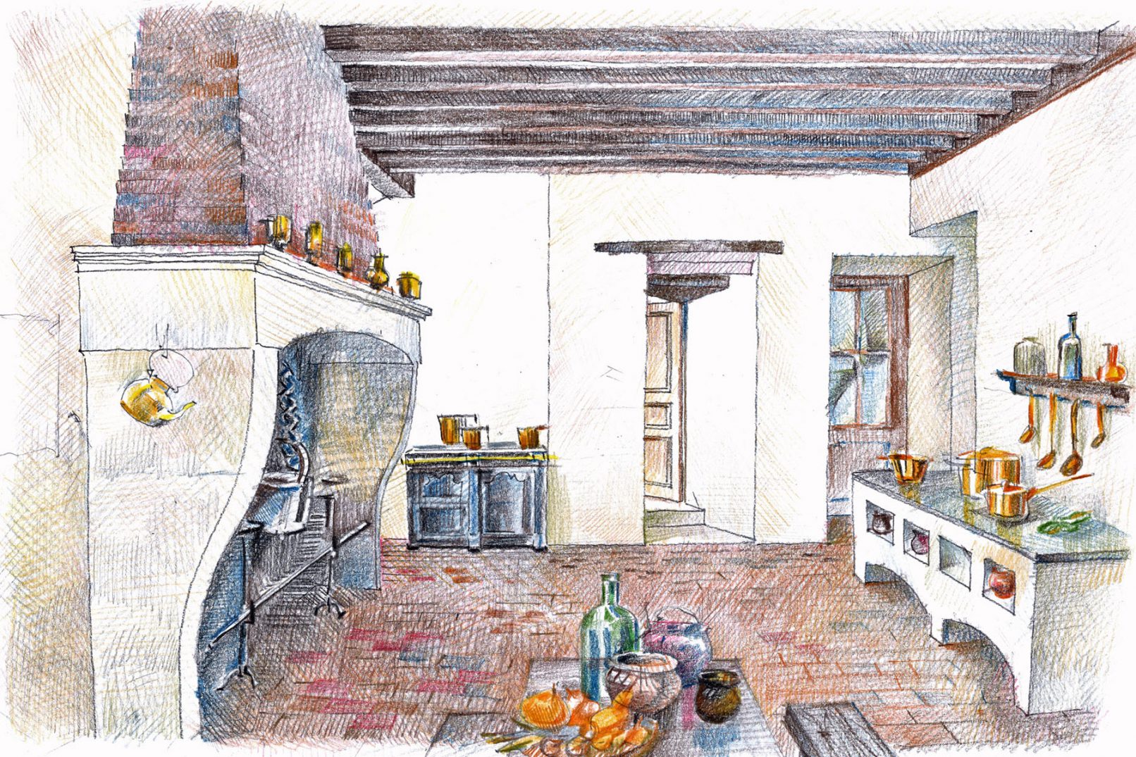 Dessin, esquisse de Svetlana Siebold Architecte Genève pour la rénovation de la cuisine du Château de Montmirail en Sarthe 72320