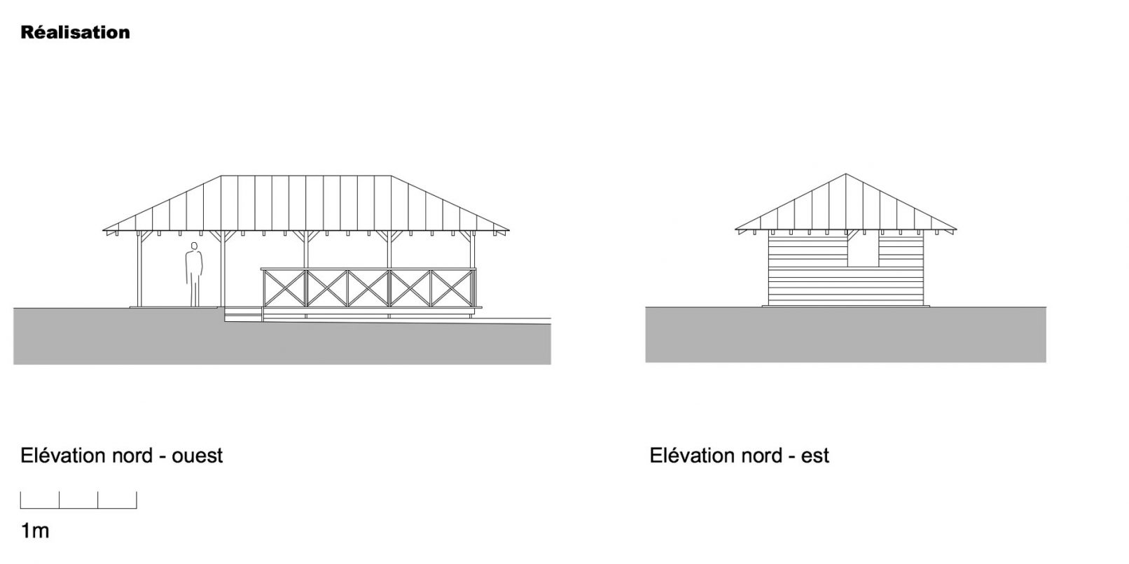 Plans des façades d'un pavillon d'été charpente en construction bois et toiture zinguée