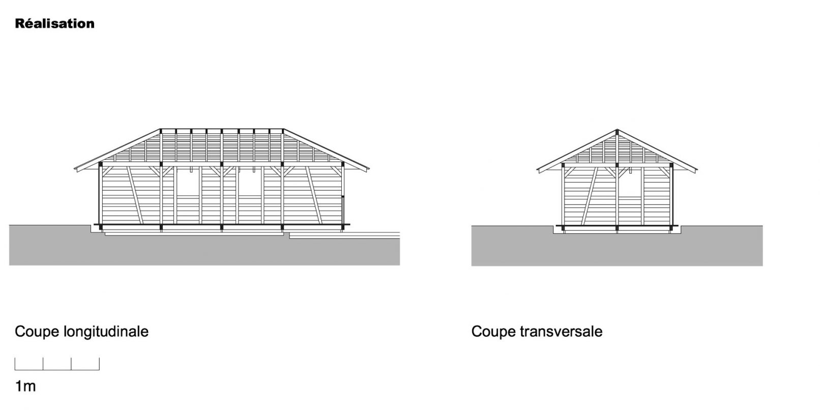 Plans des coupes d'un pavillon d'été charpente en construction bois et toiture zinguée