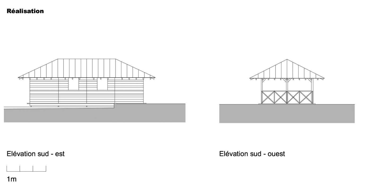 Plans des façades d'un pavillon d'été en charpente bois peinte et toiture zinguée