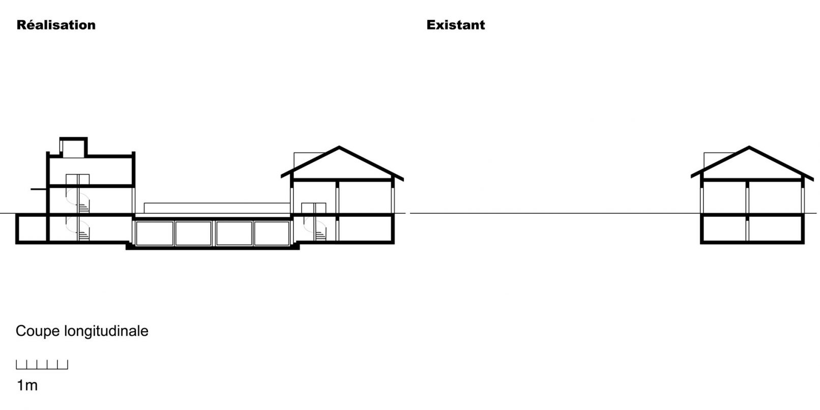 Coupe longitudinale d'une villa et maison d'architecte avec galerie d'art moderne en Suisse à Genève par Siebold architecte