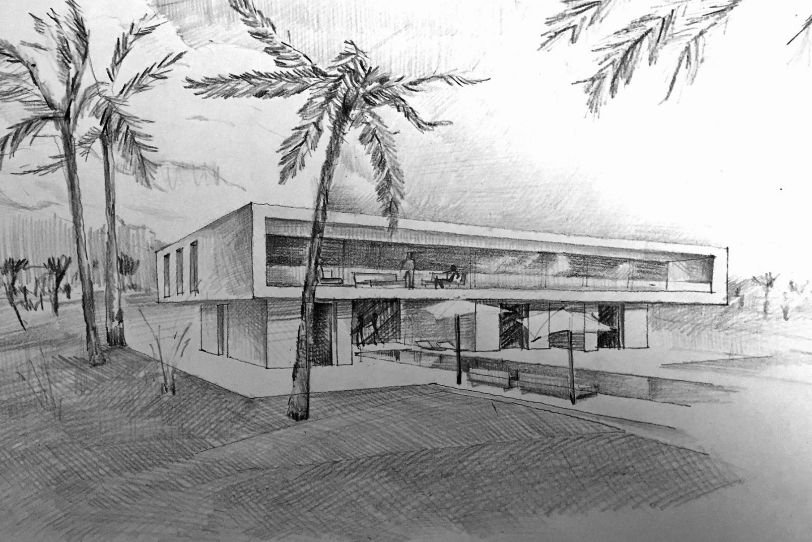 Un vaste projet de villa à Marrakech dont le premier étage d'un seul tenant tel un loft, face à l'Atlas. Conception par l'atelier Siebold architecte de Genève