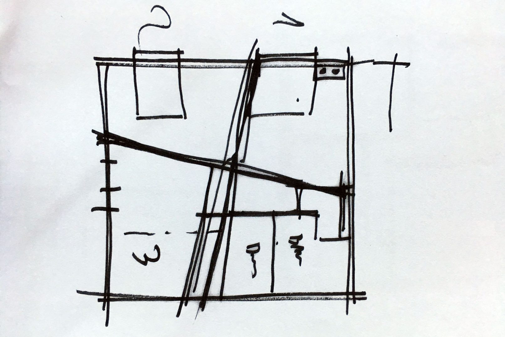 Esquisse d'architecte pour l'aménagement de combles au 14 rue des Grangettes à Genève dessine par l'atelier Siebold Architectes à Genève