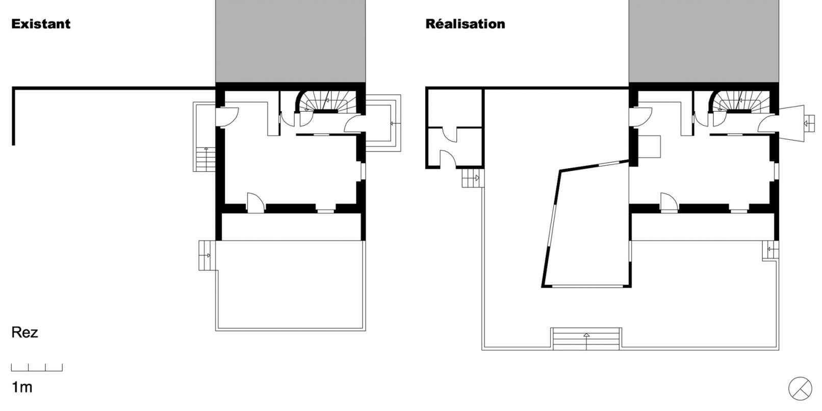 Plan du rez-de-chaussée de l'extension d'une maison au 14 rue des Grangette à Genève, dessine par l'Atelier Siebold Architectes à Genève