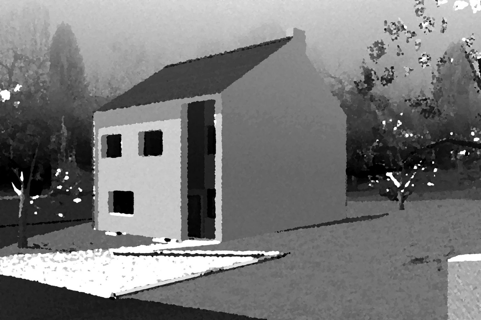 maquette virtuelle d'une villa à Genève image de synthèse en noir et blanc monochrome