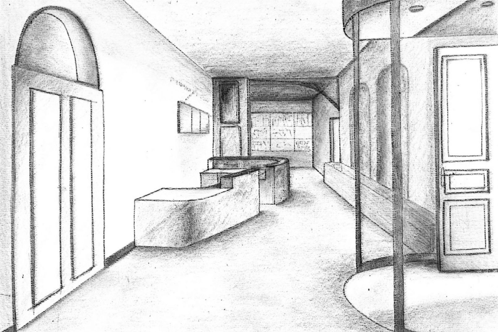 Esquisse du projet du nouveau comptoir ou desk d'accueil au château de Prangins par l'atelier Siebold architectes de Genève