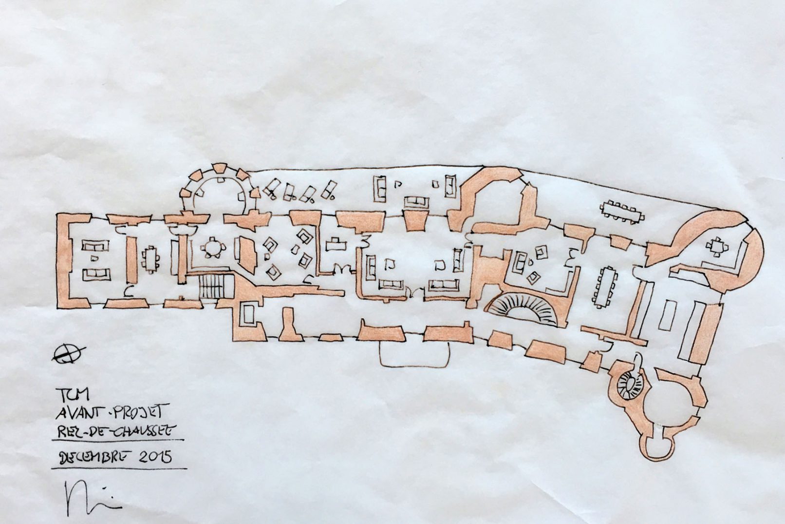 Esquisse d'architecte du rez-de-chaussée pour la rénovation du château de Montmirail en Sarthe en 2016 au 1/200 dessine par Boris Siebold Architecte à Genève Suisse