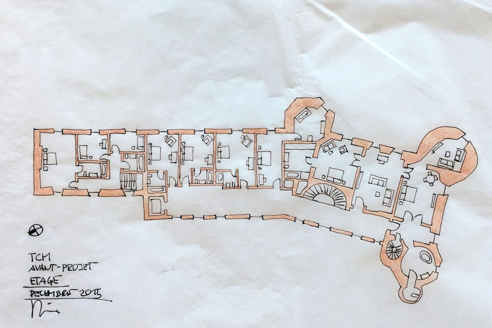 Esquisse d'architecte du premier étage pour la rénovation du château de Montmirail en Sarthe en 2016 au 1/200 dessine par Boris Siebold Architecte à Genève Suisse