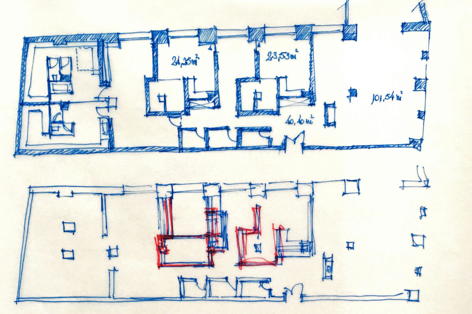 Esquisse architecte en plan typologie Siebold à Genève pour loft à Genève