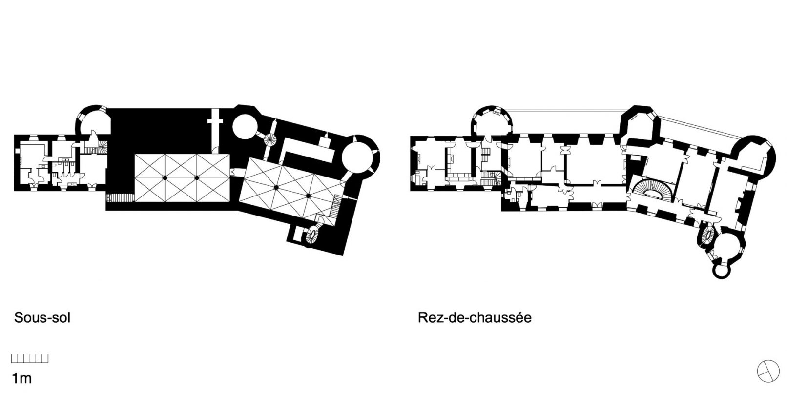 Plans de 2015 du sous-sol du château de Montmirail en Sarthe avec voûte gothique en ogive et plan du rez-de-chaussée dessiné par l'Atelier Siebold Architecte de Genève