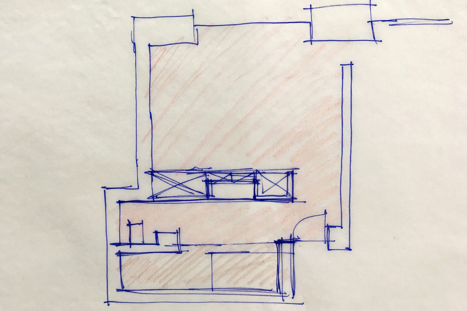 Esquisse architecte Siebold en plan salle de bains à Genève pour loft à Genève