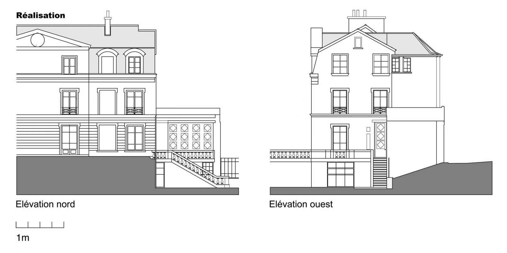 plans des façades d'architecte du château des brouillards à paris élévations nord et ouest