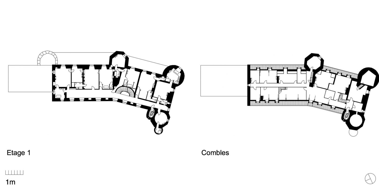 Plans de 2015 du premier étage du château de Montmirail en Sarthe et plan du deuxième étage dessiné par l'Atelier Siebold Architecte de Genève