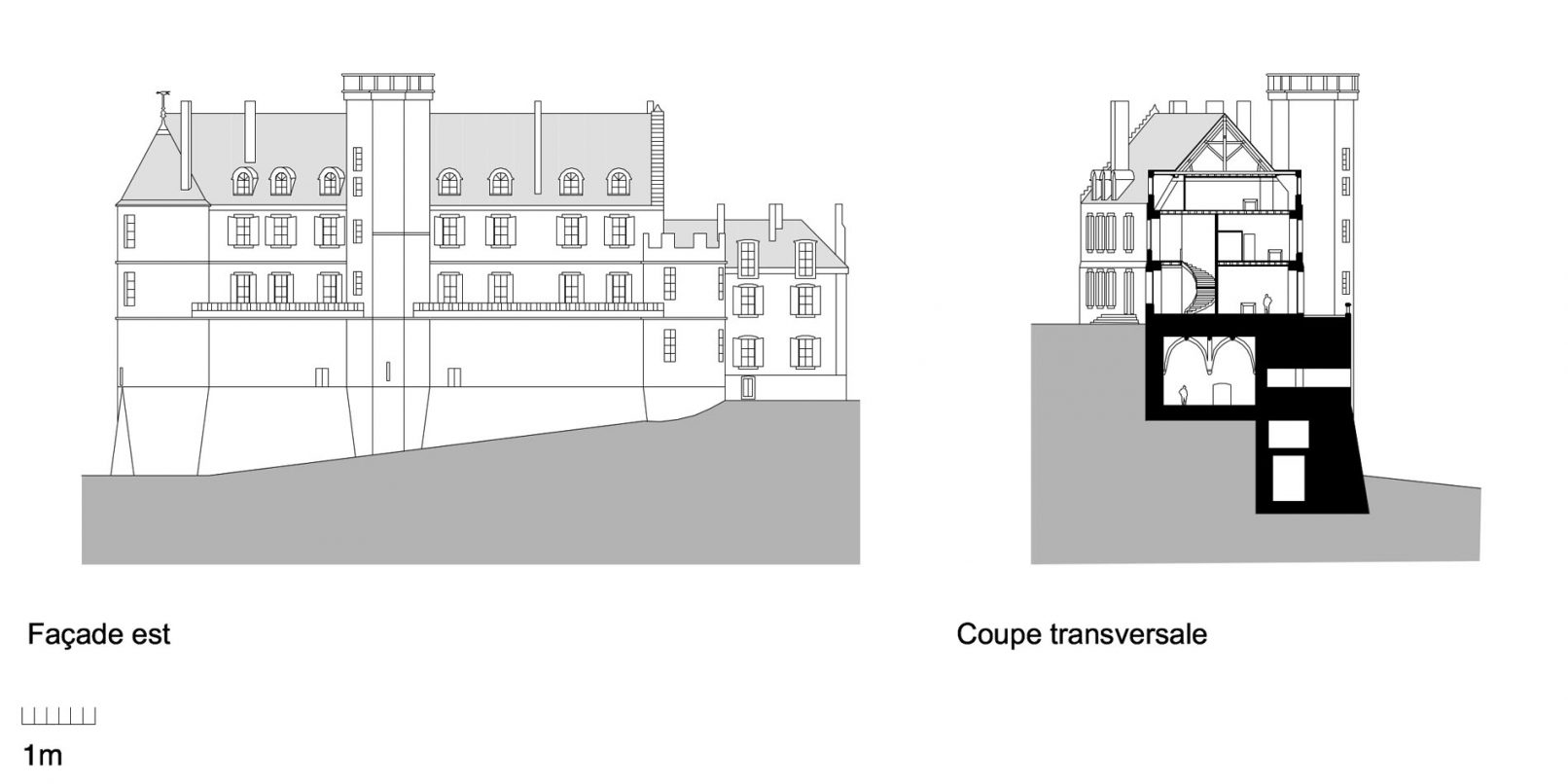 Plans de la façade est et coupe transversale du château de Montmirail en Sarthe dessiné par l'Atelier Siebold Architecte de Genève