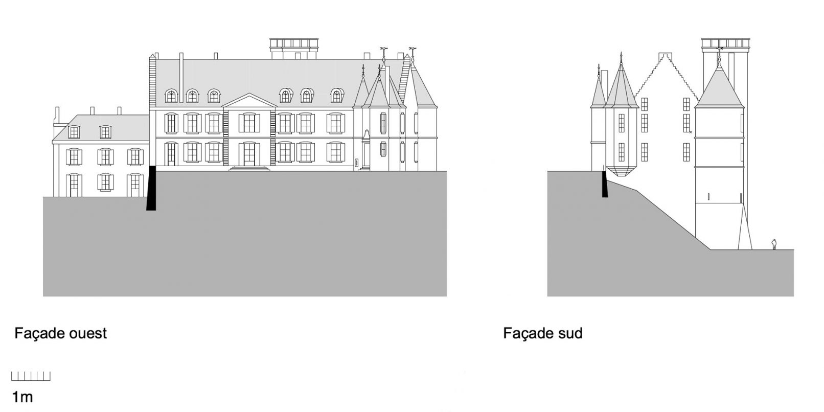 Plans des façades ouest et sud du château de Montmirail en Sarthe dessiné par l'Atelier Siebold Architecte de Genève